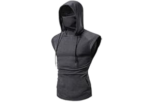 SSDXY Mens Face_Cover Button Sports Sleeveless/Short/Long Sleeve Vest Hooded Splice Large Open-Forked Male Tank Tops Shirt Blouse