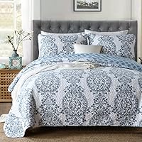 PERYOUN 3-Piece Pure Cotton Quilt Set, Blue Flower Print Bedspread Set