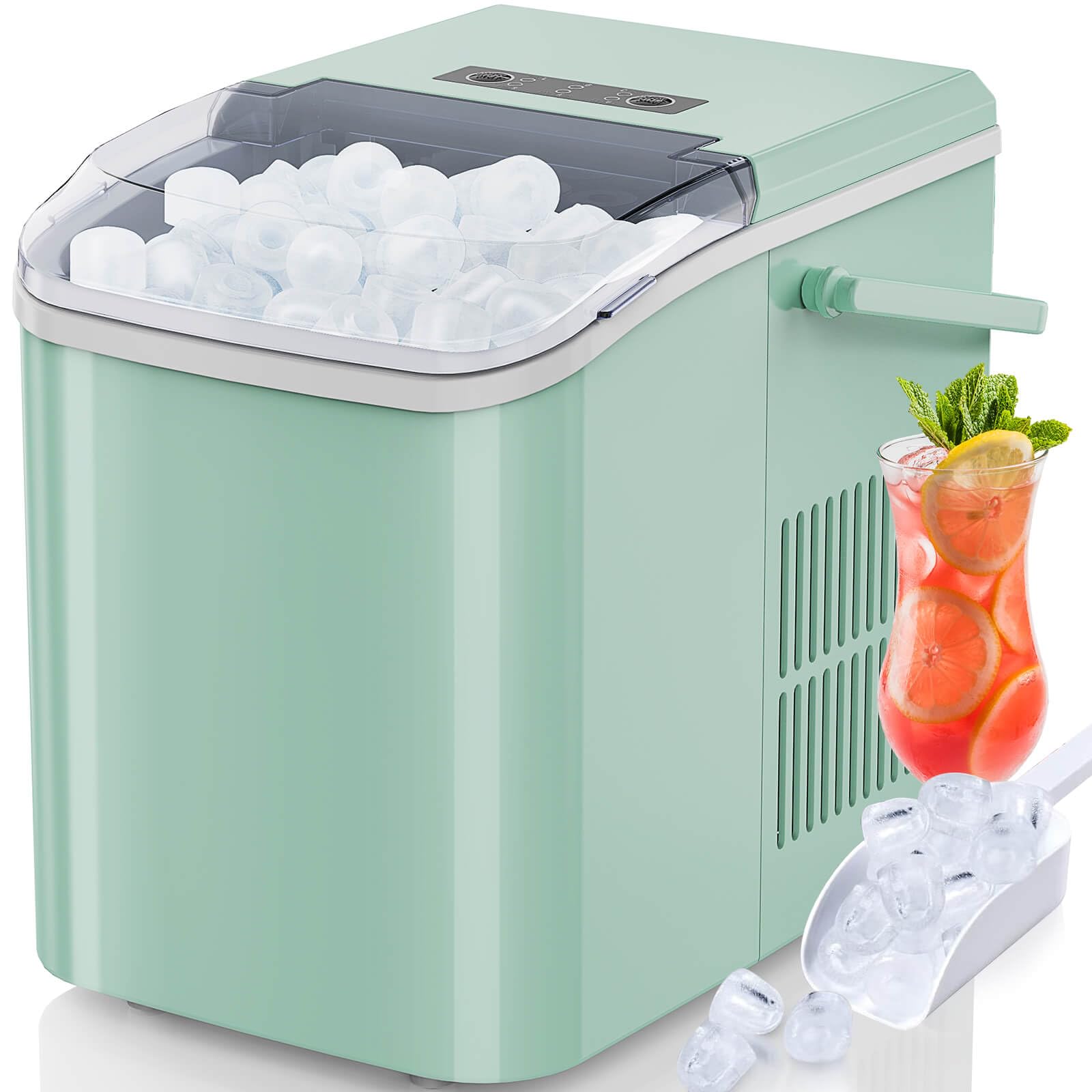 Ice Maker Countertop with Handle, 9 Cubes Ready in 6 Mins, 26lbs in 24Hrs, Portable Self-Cleaning Ice Machine with Basket and Scoop, 2 Sizes of Bullet Ice, for Home Kitchen Camping RV, Green