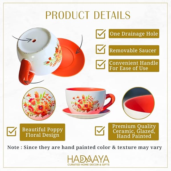 HADAAYA 7.5″ ROUND CERAMIC TEACUP SHAPE PLANTER POT WITH SAUCER FOR SUCCULENTS ORCHIDS HERBS CACTUS INDOOR HOUSEPLANTS FLOWERS FOR VALENTINES DAY GIFT – ORANGE POPPY FLORAL