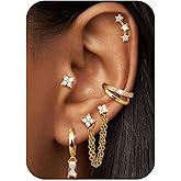Fansilver 14K Gold Plated Earrings Stacks for Women, Hypoallergenic Surgical Stainless Steel Flat Back Earrings,Dainty Small Huggie Hoops Studs Earring-Cartilage Earring Set for Multiple Piercing