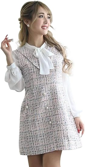 Amazon Rew You リューユ キャバ ドレス キャバドレス キャバクラ キャバワンピース パーティードレス Ryuyu ツイード ボウタイリボン レイヤード カラーツイード ワンピース チュニック 通販