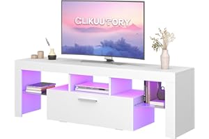 Clikuutory Modern Lighting 51 inch TV Stand with Large Storage Drawer for 32 40 50 55 Inch TVs, TV Console with 20 Color LED Lights, Entertainment Center Media and Open Shelf for Bedroom, White