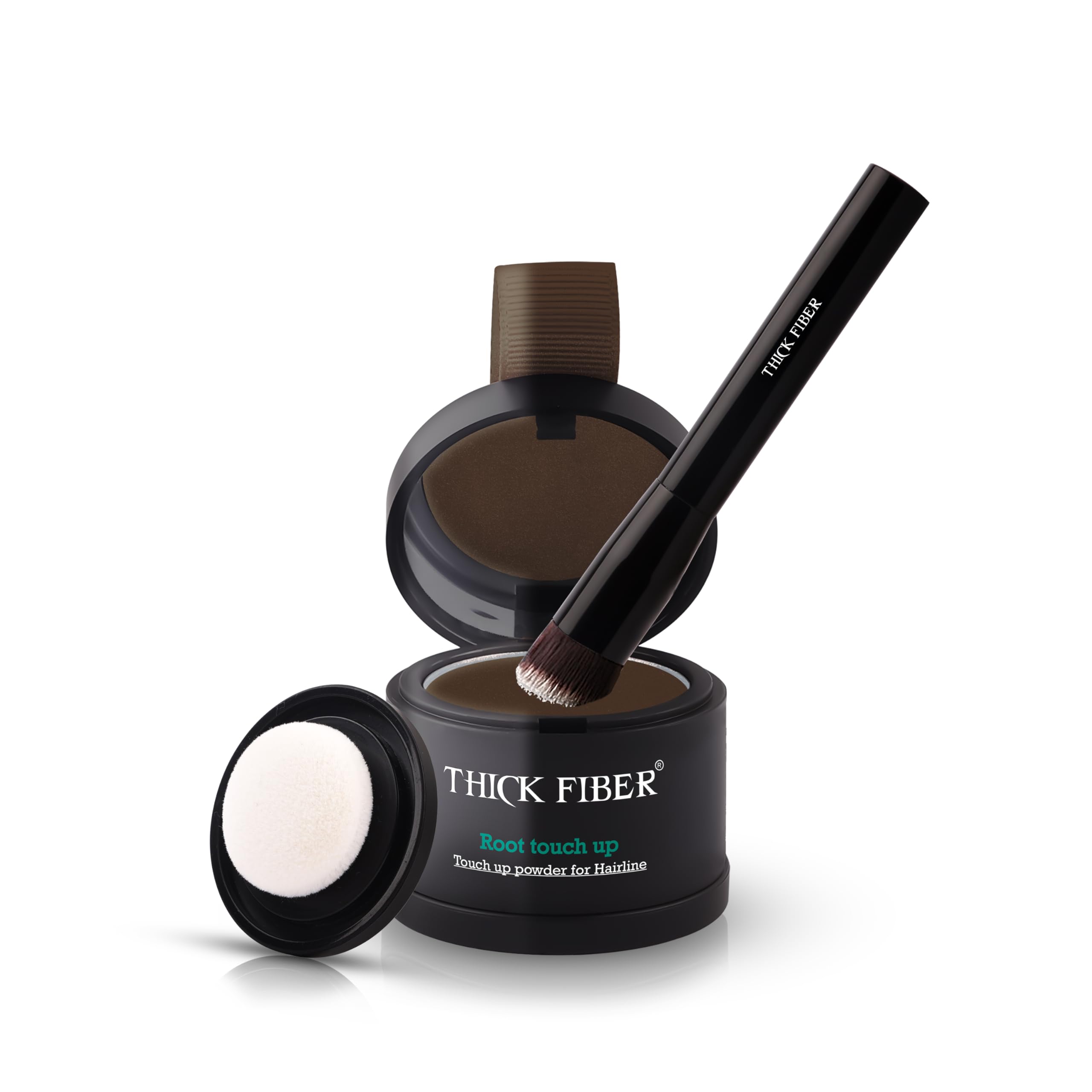THICK FIBER Root Touch Up & Hairline Powder with Brush 4g – Covers Grey Roots & Thinning Hair – Sweat & Water Resistant – Hair Concealer for Bald Spots & Fill-In (Dark Brown) for Women & Men