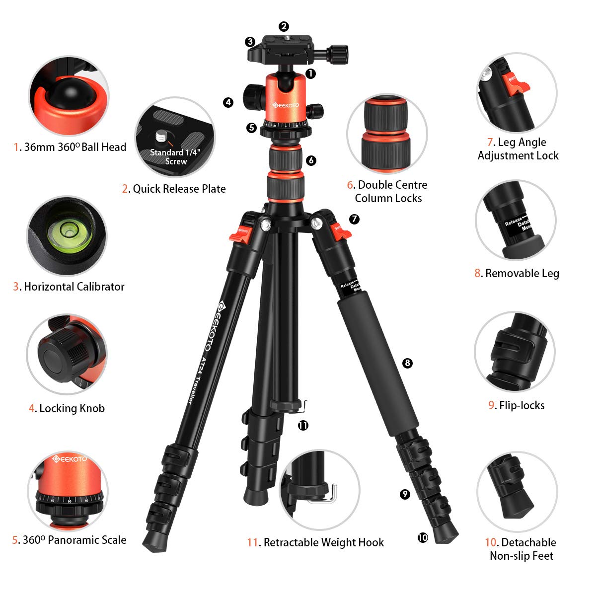 Geekoto 58" Ultra Compact and Lightweight Aluminum Tripod