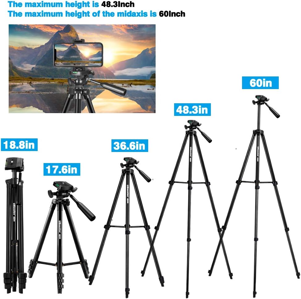 UBeesize 60” Phone Tripod with Carry Bag & Cell Phone Mount Holder for Live Streaming, Extendable Travel Lightweight Tripod Stand with Smartphone Bluetooth Remote, Compatible with iOS/Android: Camera & Photo