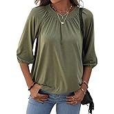 Grlasen Women's Solid Crew Neck T Shirt Blouse Cotton Half Sleeve 3/4 Sleeve Casual Loose Pleated Basic Tops