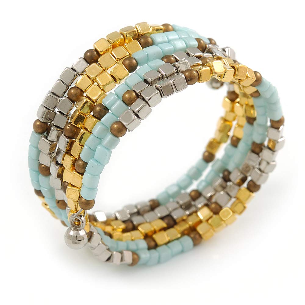 Avalaya Multistrand Glass, Acrylic Bead Coiled Flex Bracelet (Silver, Light Blue, Gold, Bronze) - Adjustable
