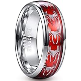 NUNCAD Men's 8mm Tungsten Carbide Ring with Spider Pattern Inlay Domed Edges Comfort Fit Size 7-13