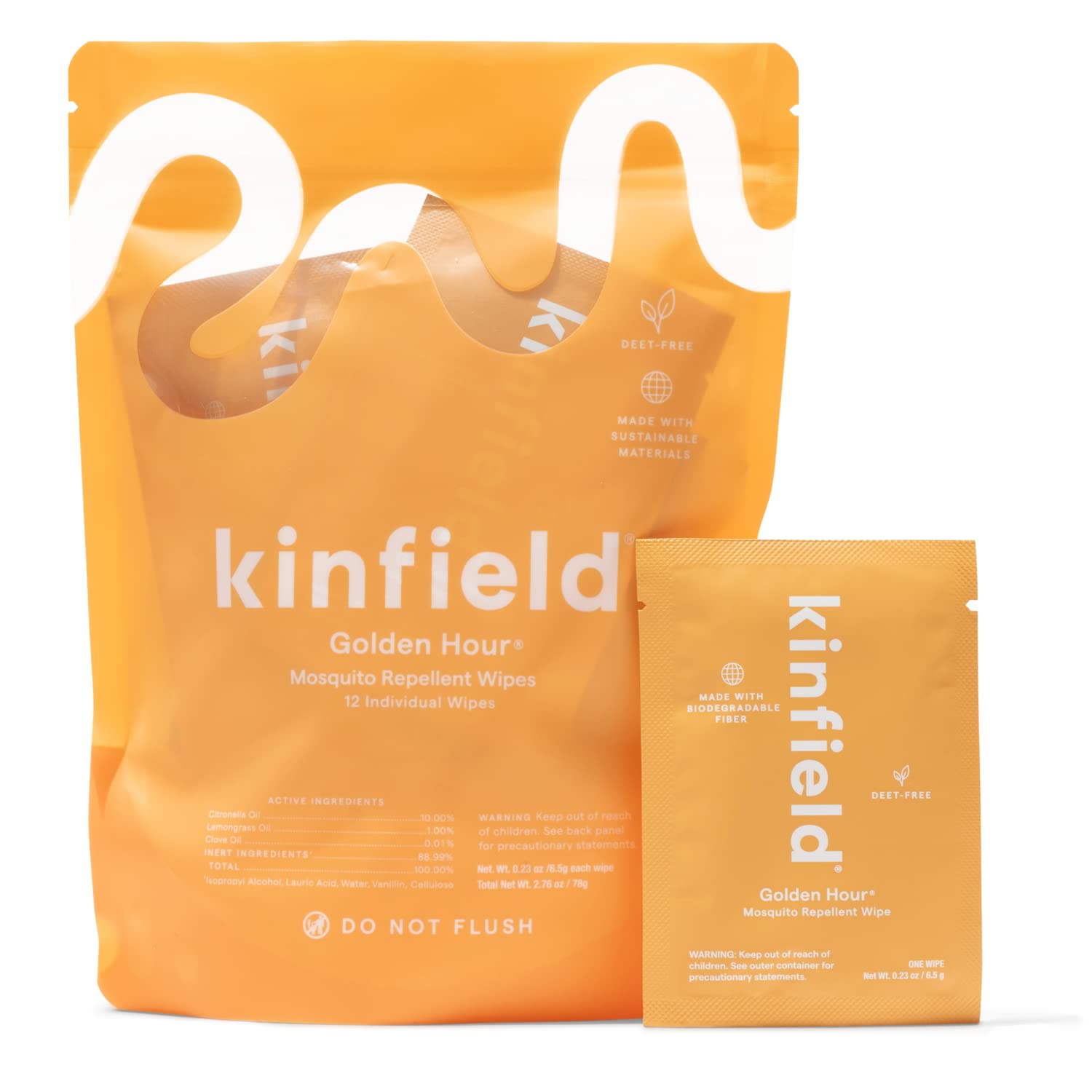 Photo 1 of Kinfield Golden Hour Wipes - Natural, Long-Lasting Insect Repellent for Outdoor Adventures and Indoor Use - TSA Approved, Cruelty-Free Skincare - 12 Individually Wrapped Towelettes