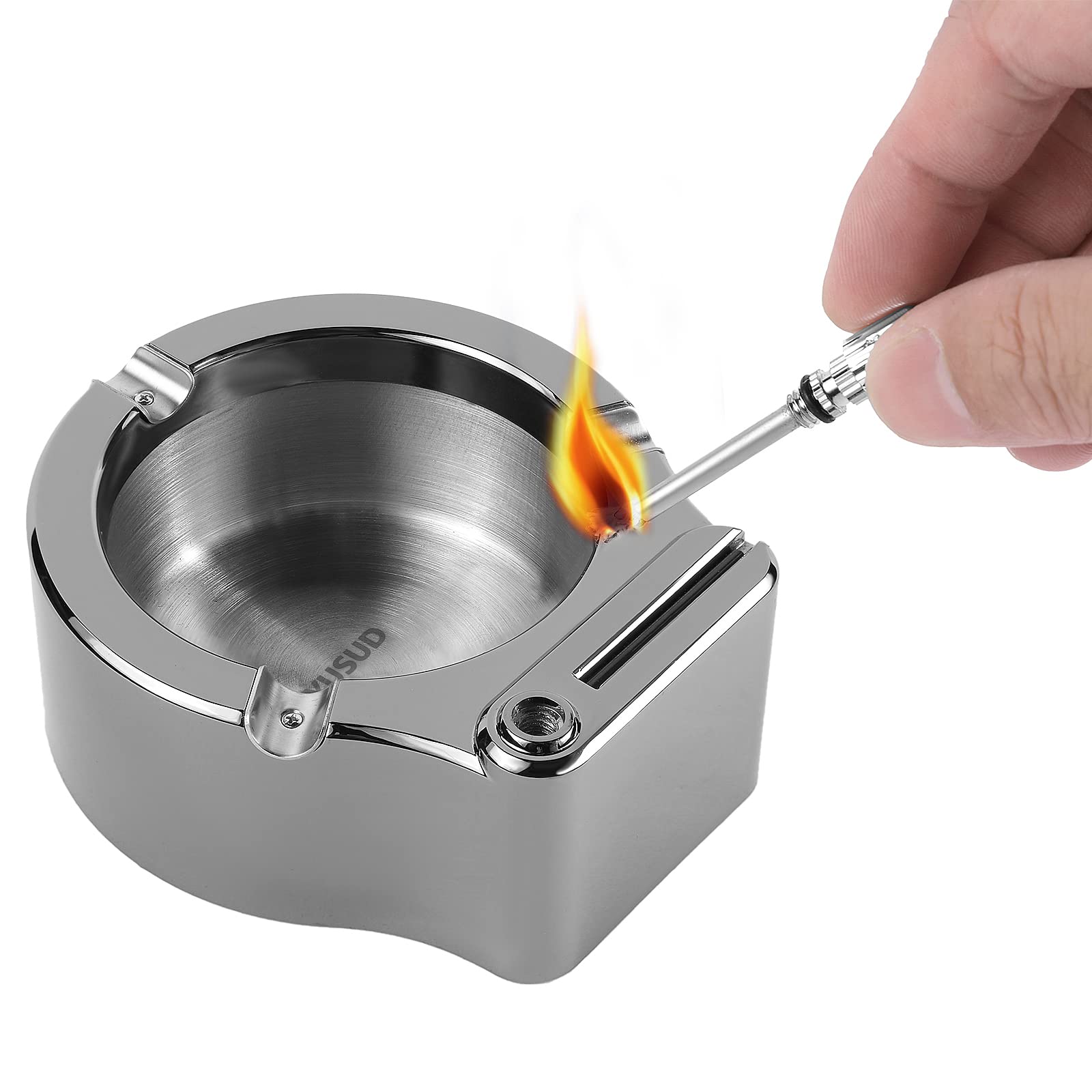 YUSUD Large Cigarette Ashtray with Permanent Match Lighter, Flint