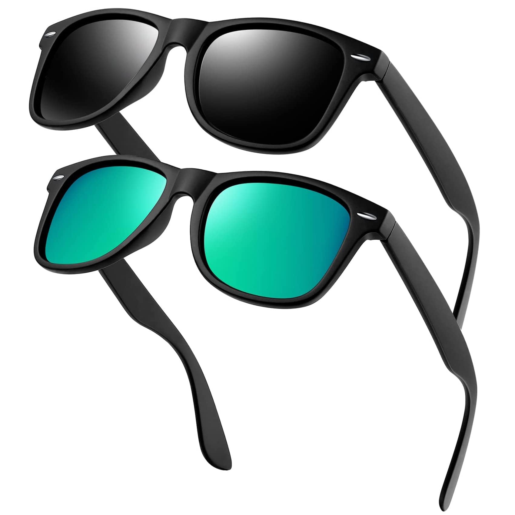 KANASTAL 2 Pack Green Mens Sunglasses Womens Mirrored Polarised Cheap Classic UV 400 Protection for Driving Cycling Fishing Travel Outdoor Summer - Matte Black + Green Mirror