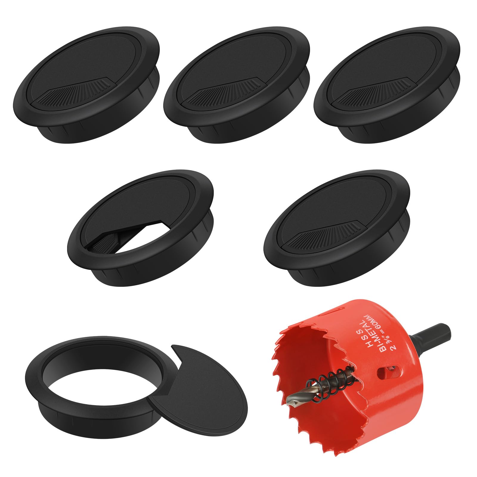 Flintronic 6PCS Desk Grommet with Hole Saw, Ø60mm(2.4 inch) Desk Cable Grommets, Round Desk Cable Hole Cover, Computer Cord Cable Wire Grommet for Home and Office Table Management (Black)