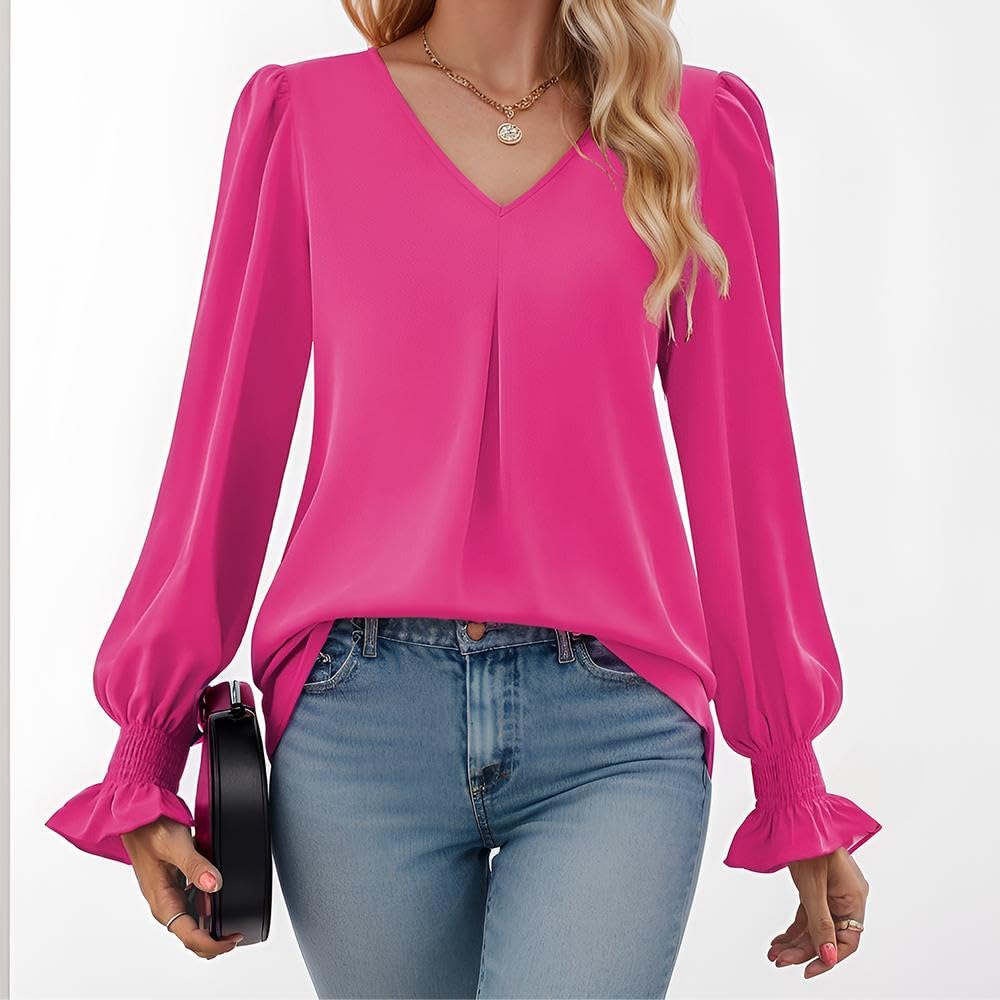 Am Direct Women's Long Sleeve Tops Dressy Casual V Neck Tunic Shirts Loose Chiffon Work Blouse Red