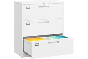 SISESOL 3 Drawer Lateral File Cabinet with Lock,White Lateral Filing Cabinet,Horizontal Metal Filing Cabinets,Locked Wide Thr
