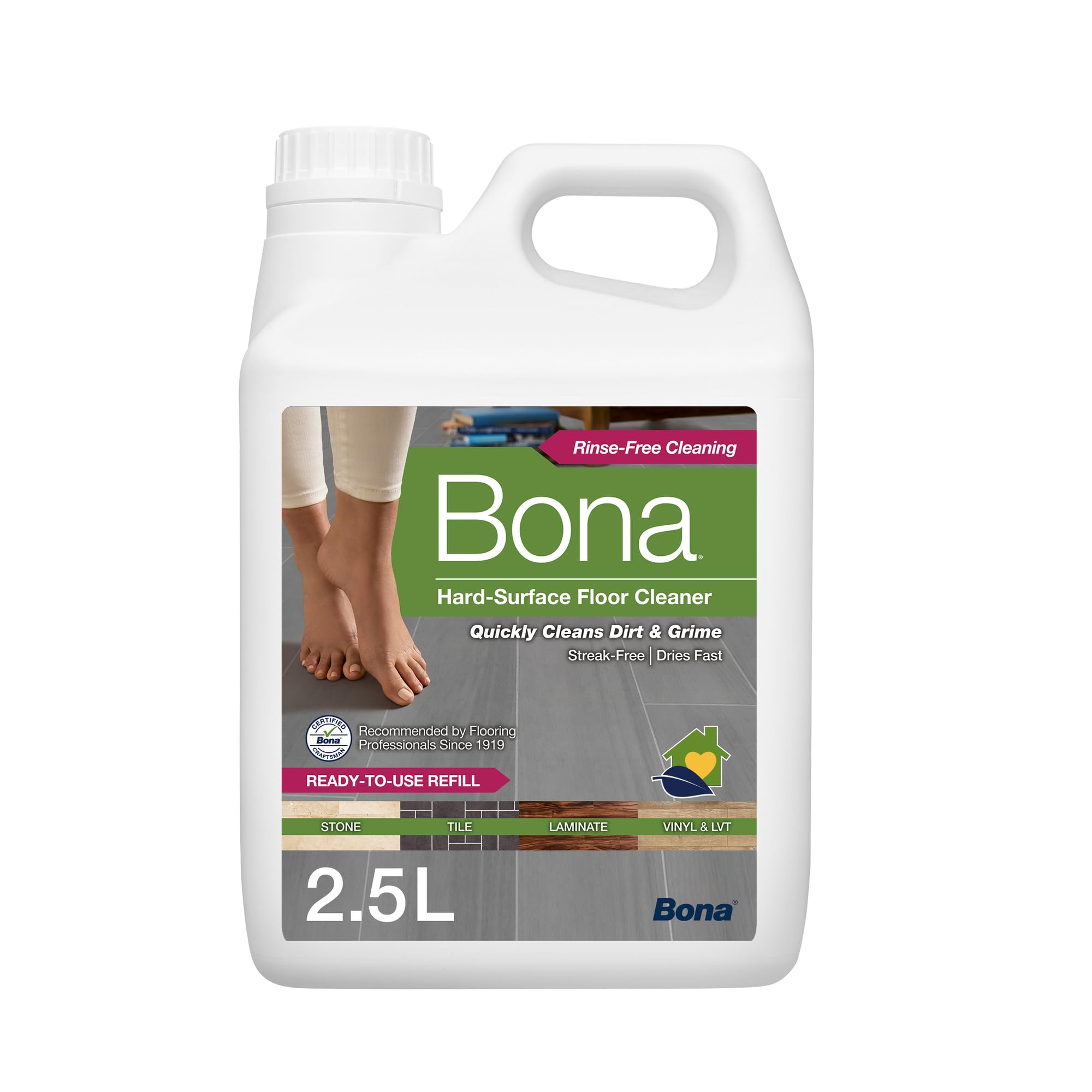 Bona Hard Surface Floor Cleaner Liquid, for Stone, Tile, Laminate, LVT Floors, 2.5 Litre Refill