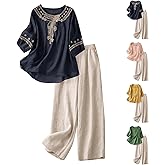 dyiozbga Womens 2 Piece Outfits Summer Cotton Linen Casual Matching Sets Lounge 3/4 Sleeve Embroidered Top and Capri Pants