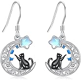 Hancock Black Cat Earrings for Women 925 Sterling Silver Filigree Dangle Drop Moonstone Earring Cute Animal Jewelry Birthday Gifts for Cat Lovers
