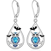 Owl Earrings for Women Bat Earrings Halloween Earrings Dangle Studs Sterling Silver Teardrop Owl Gifts White Gold Jewelry