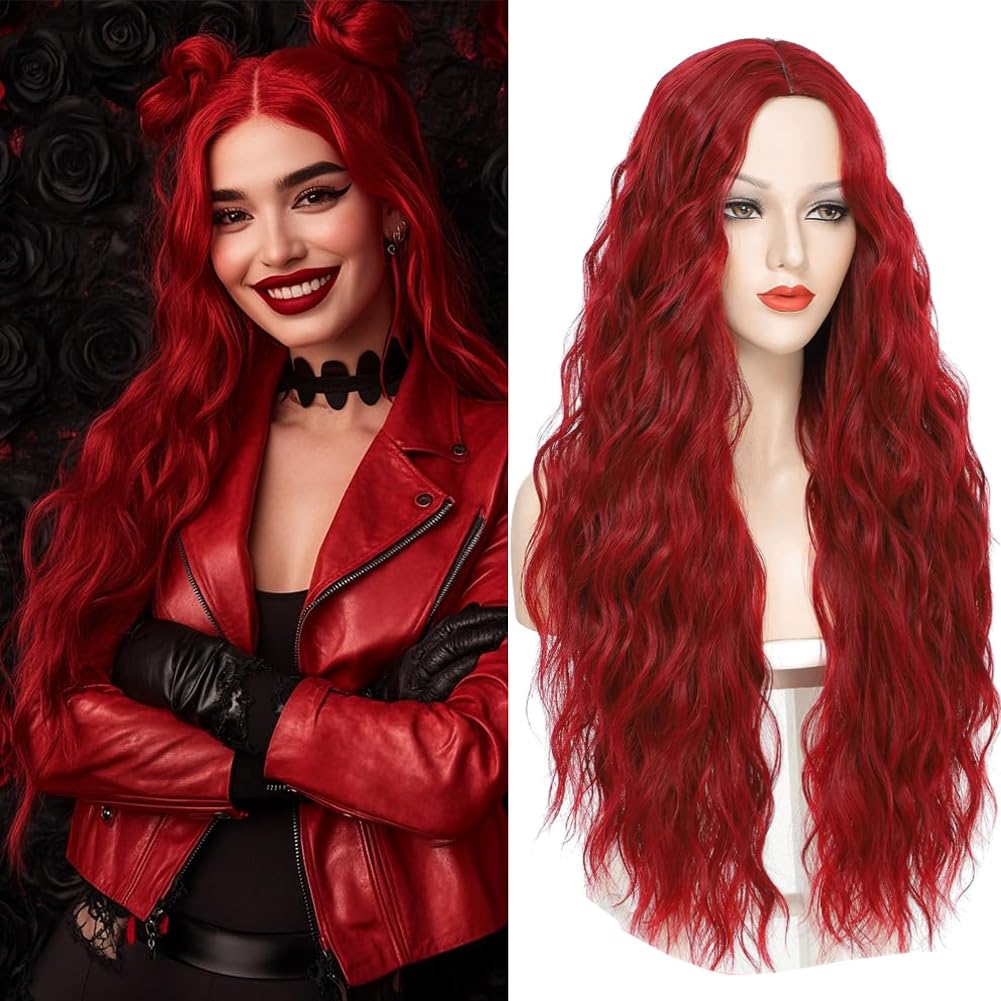 PORSMEER Long Red Wavy Wig - Fluffy Curly Synthetic Heat Resistant Wig for Daily Use or Movie Character Costume