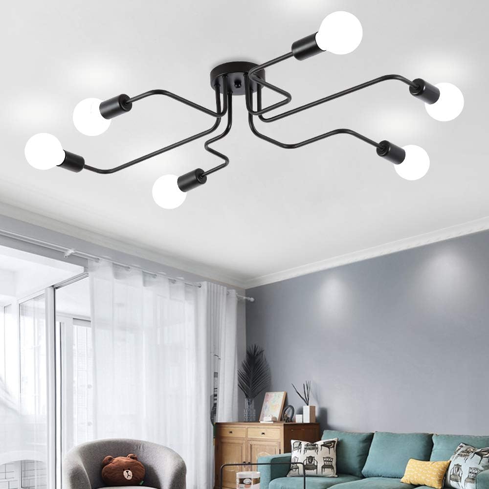 ZEEFO Flush Mount Ceiling Light Modern Art Vintage Sputnik Design Chandelier Metal Black Industrial Lighting Fixtures with 6 Lights E26 Bulb Base Suitable for Kitchen, Dining Room, Bedroom - - 