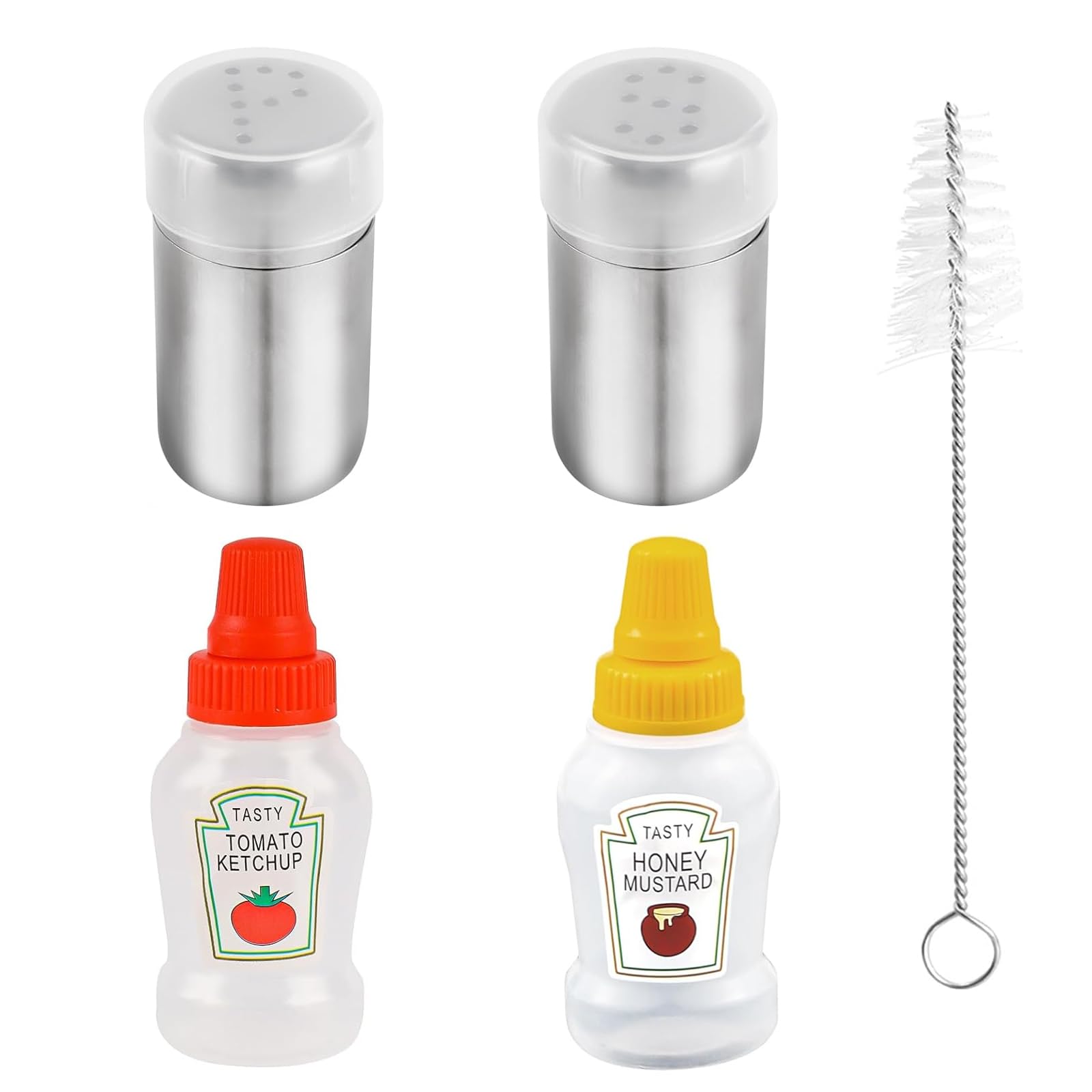 Mini Salt Shakers, 4 Pcs Salt and Pepper Shaker Set, Travel Salt Shakers with 2 Portable Mini Sauce Bottles Small Squeeze Bottles for Bento Boxes Cars Offices Camping and Outdoor Use