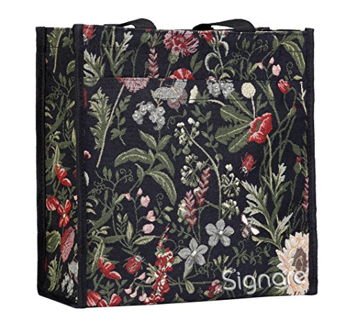 Black Floral Shoulder Tote Shopping Bag by Signare with Sunflower Poppy Dragonfly Butterfly (SHOP-MGDBK)