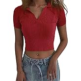 Hyipels Women Knit Crop Polo Shirts,Summer Short Sleeve Ribbed Collared T-Shirt Solid Fitted V Neck Tops