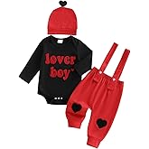Ursobutegl Newborn Baby Boy Valentine's Day Outfit Lover Boy Romper Bodysuit Jumpsuit Suspender Pants Set Hat Infant Clothes
