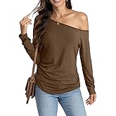 Eachyes Womens Off Shoulder Side Ruched Shirt Long Sleeve Casual Boat Neck Tee Loose Fit Y2K Going Out Top Fall Blouse