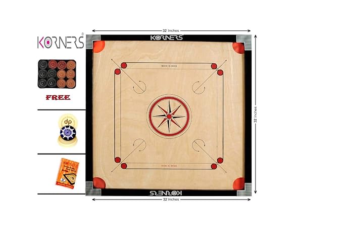 KORNERS Full Size(Large) 32 Inch 4mm Cut Pocket Carrom Board with Coins, Striker & Powder