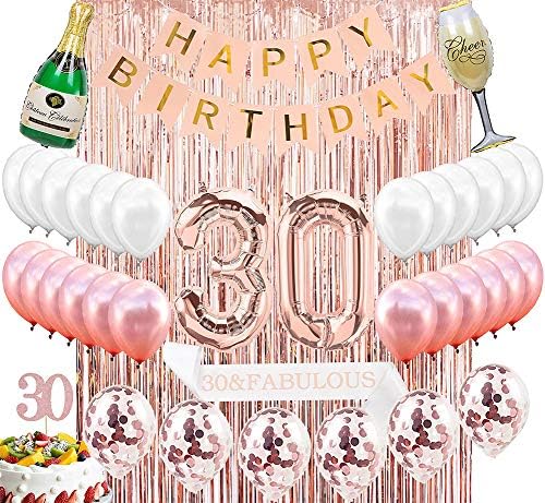 Sllyfo 30th Birthday Decorations Party Supplies Kit - 30th Birthday Gifts for Women,30th Cake Topper|Banner|sash|Rose Gold Curtain Backdrop Props|Confetti Balloons|Champagne Balloon. (30)