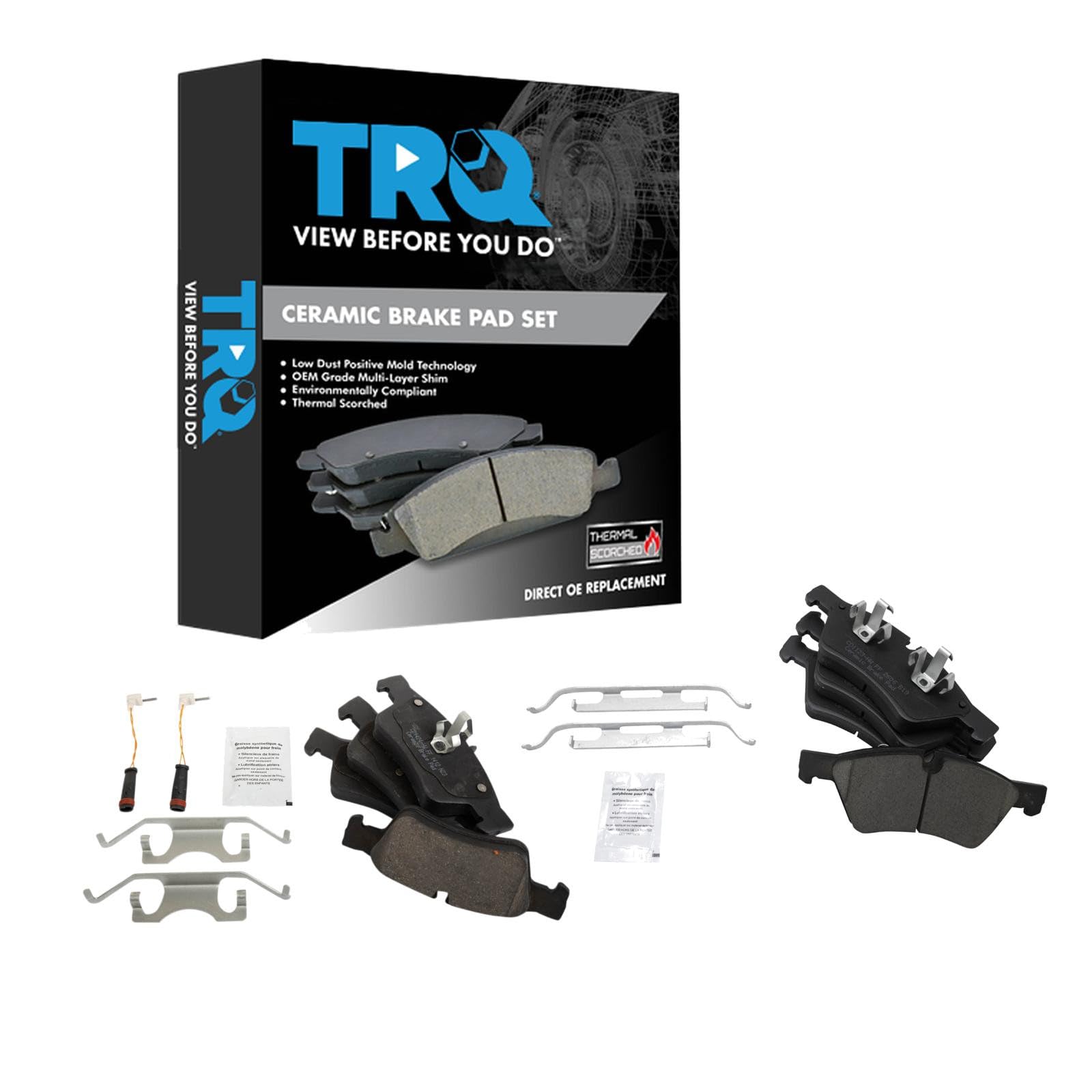TRQ Front and Rear Brake Pad Set Ceramic Hardware Compatible with 2006-2009 Mercedes-Benz E350 2004-2006 E500 2007-2009 E550