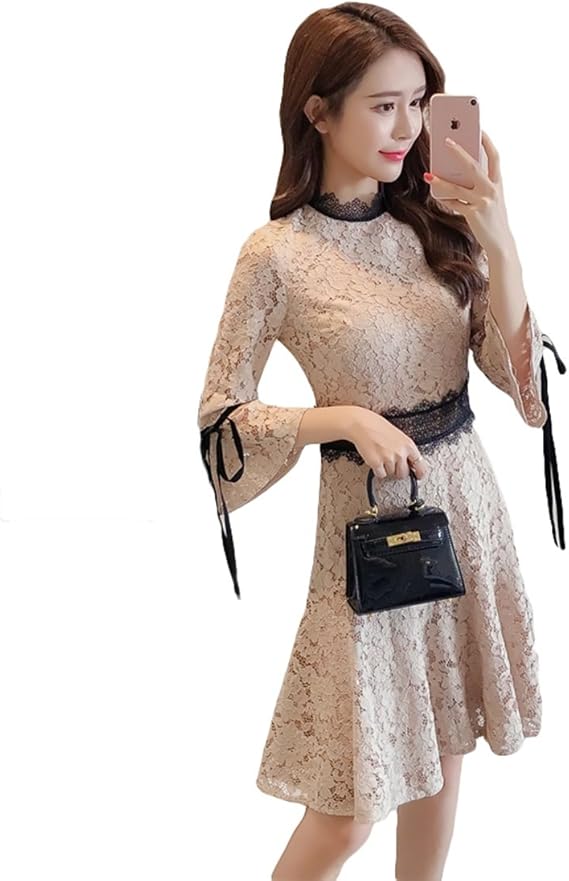 Amazon ワンピース レディース 春夏 ７分袖 Aライン ひざ丈 ドレス 総レース レースワンピ リボン 通勤 パーディー 大人 おしゃれ 着痩せ ゆったり フォーマル 上品 シンプル カジュアル 杏色 ビキニ セパレーツ 通販