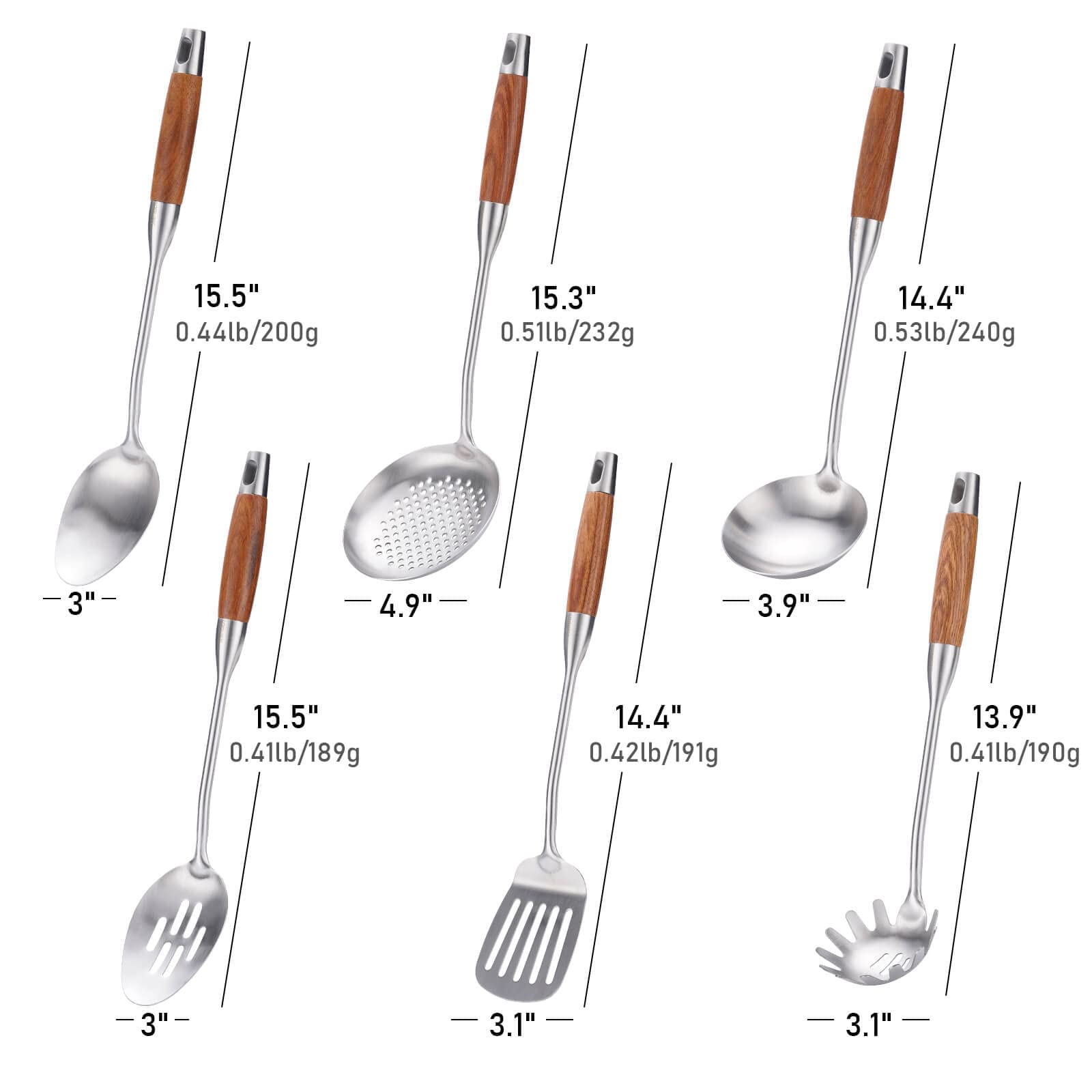 18/10 Stainless Steel Kitchen Utensils Set with Wood Handle - 15” Long Metal Cooking Tools - Serving Solid/Slotted Spoon, Tunner, Skimmer, Soup Ladle, Spaghetti Spoon, Large Spoons Set of 6