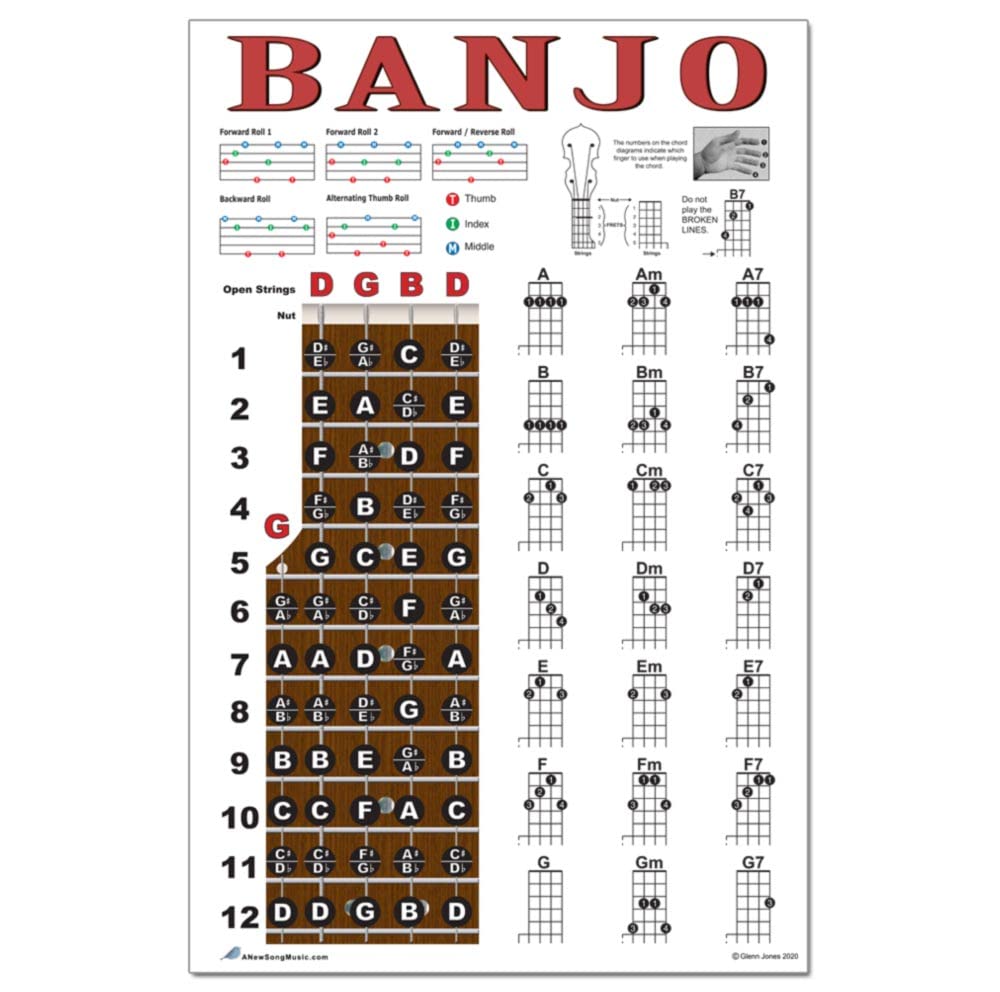 Mua Banjo Easy Chords Rolls & Fretboard Note Chart Instructional Poster