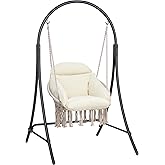 ANOW Macrame Hammock Chair with Stand, Heavy Duty Hanging Chair Stand with Swing Chair, Includes Luxury Padded Cushion, Max 400 Lbs, Natural