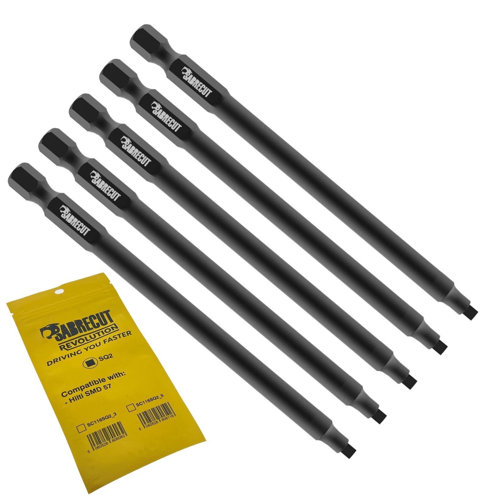 5 x SabreCut SC116SQ2_5 116mm SQ2 Compatible with Hilti SMD 57 SMD57 1/2 Autofeed Collated Drywall Screwdriver Gun Bit Single Ended Square No.2 Heavy Duty