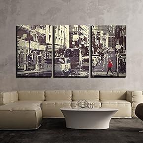 3 Piece Canvas Wall Art - Man in a Red Hood Crossing The Street,Digital Painting - Modern Home Art Stretched and Framed Ready to Hang - 16"x24"x3 Panels