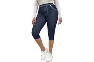 TPSKVT Women's Plus Size Capri Leggings Denim Print High Waisted Cropped Jeggings Stretchy Yoga Pants with Pockets
