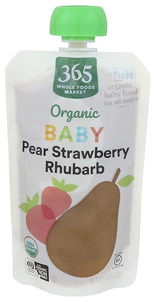 365 BY WHOLE FOODS MARKET, ORGANIC BABY FOOD FOR ALL STAGES, PEAR STRAWBERRY RHUBARB, 4 OUNCE