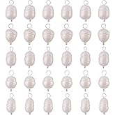 Pandahall 50Pcs Silver Freshwater Pearl Charms - Natural Pearl Pendant Connectors and Rice Shaped Links with Loop for Women's Earring and Necklace Jewelry Making