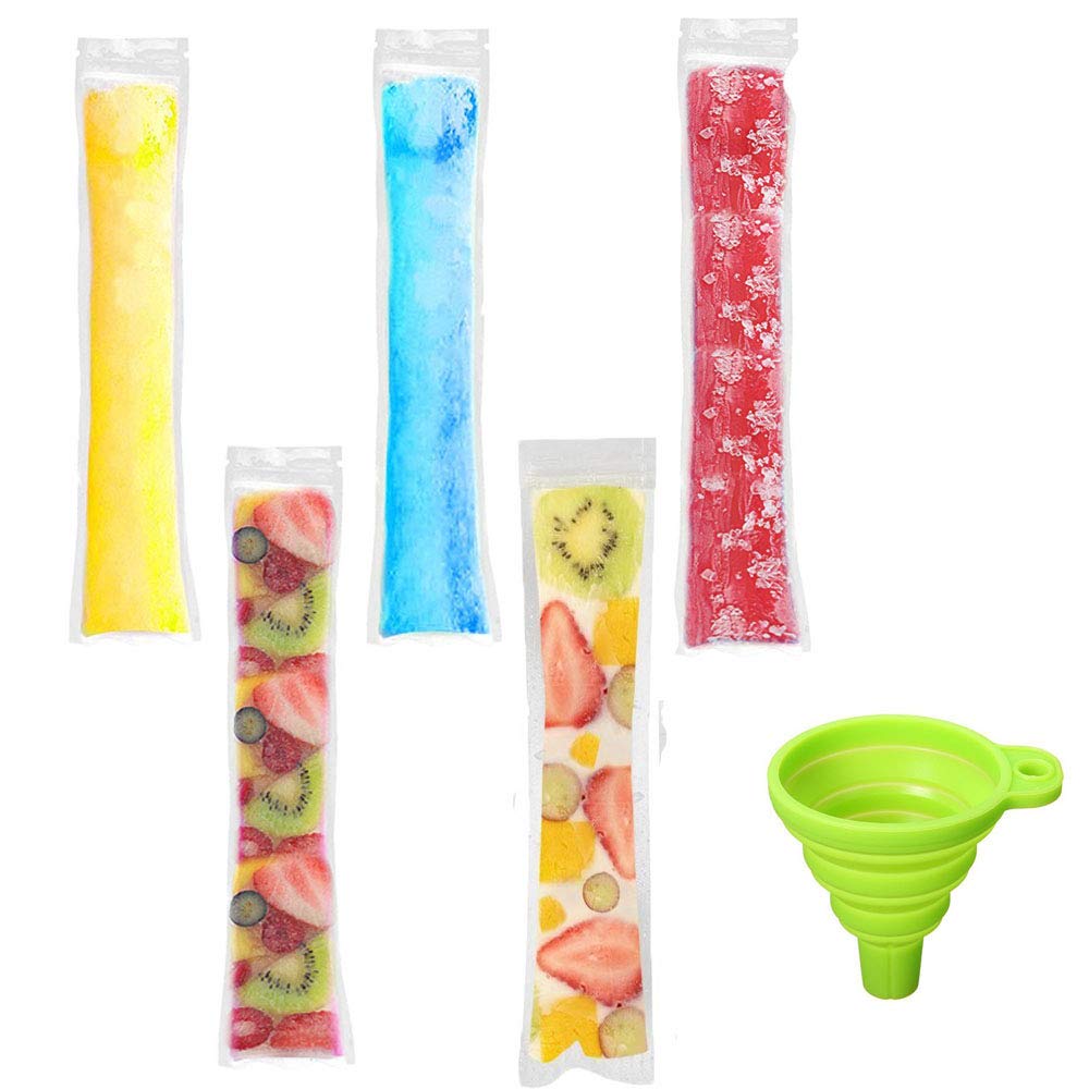 100 Pack Ice Popsicle Moulds Bags, Disposable DIY Zip-Top Freezer Tube Ice Pop Pouches for Gogurt, Ice Candy or Freeze Pops, BPA Come with Funnel