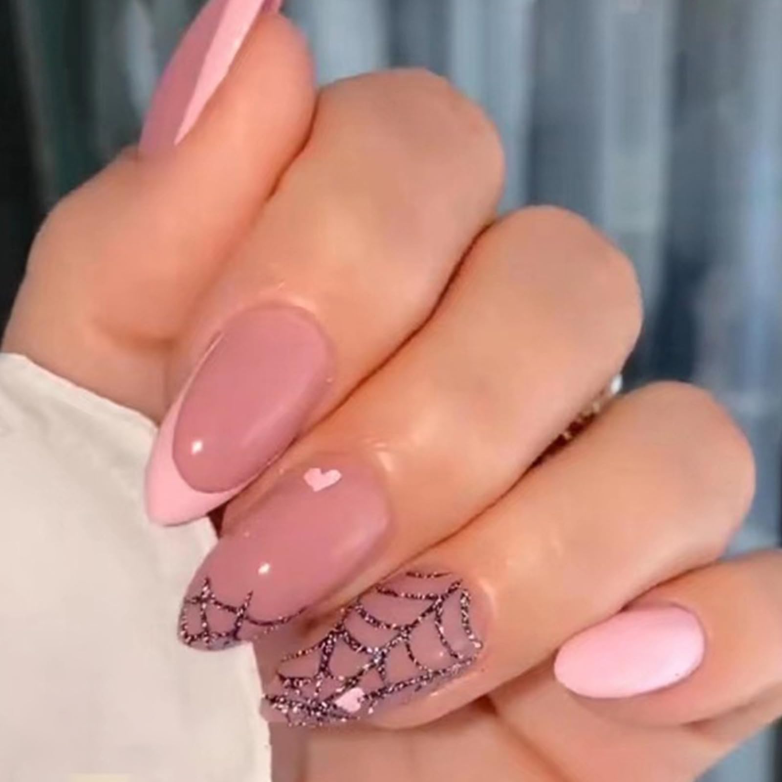 Ceboic Almond False Nails Short, 24Pcs French Pink Glossy Press on Nails Acrylic Full Cover Fake Nails, Reusable Stick on Nails with Spider Web Designs for Women and Girls, 51 Piece Set