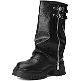 MAVMAX Mid Calf Boots for Women Fold Over Zipper Buckle Riding Boots Black Wide Calf Platform Round Toe Chunky Low Heel Tall Boots Cowboy Biker Motorcycle Boots