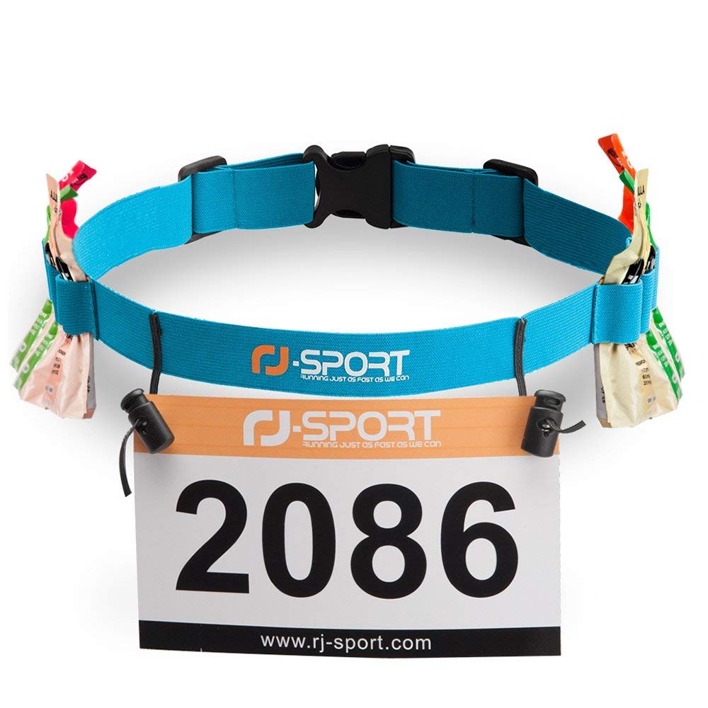 RJ-Sport Race Number Belt - Triathlon Race Belt Bib Holder with 6 Energy Gel Loops for Triathlon, Marathon, Running and Cycling, 66 cm - 102 cm (max. 190.5 cm)
