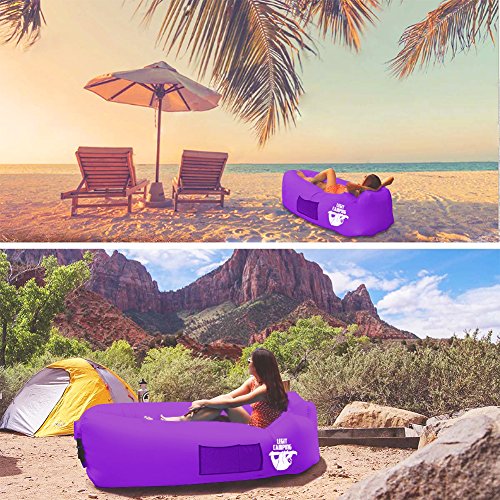 Inflatable Lounger by Legit Camping with Carrying Bag & Pockets for Indoors/Outdoors – Inflatable Couch & Air Chair with Headrest & Securing Stake- For Camping Beach or Pool (Purple)