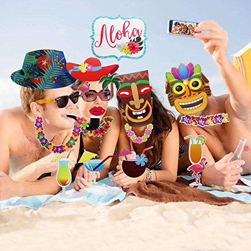 Meetory 36Pcs Hawaiian Photo Booth Props Kit, Colorful Photo Props Sticks, Selfie Props Celebration for Hawaii Seaside, Summer Pool Party, Luau Beach Vacation Dress-up Costume Accessories Decoration - Thumbnail 5
