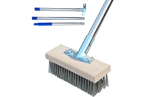 Stainless Steel Wire Broom Brush with Long Handle, Heavy Duty Stiff Bristle Wire Scrubber Brush for Cleaning Moss Concrete De