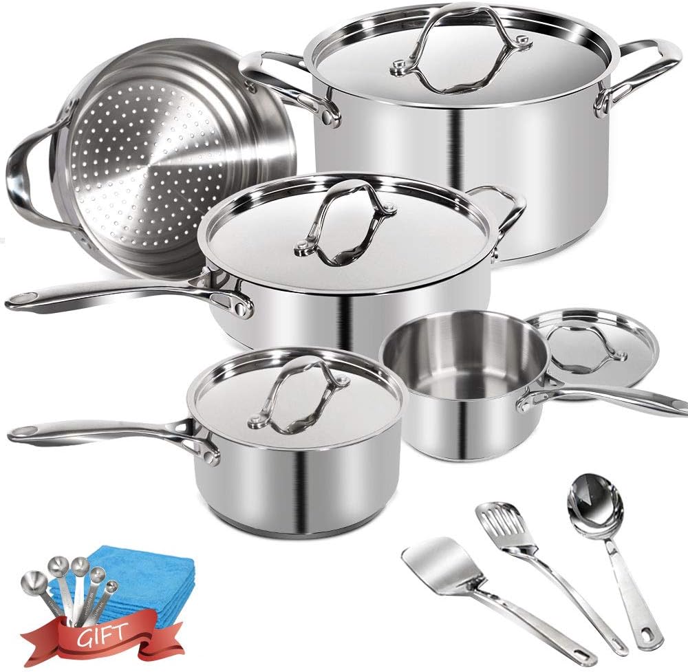 Stainless Steel Cookware Set with Measuring Spoons & Spatula set 13-Piece Kitchen Non Stick Pots and Pans Set with Lids,Send 5 PCS Cleaning Colths Masthome